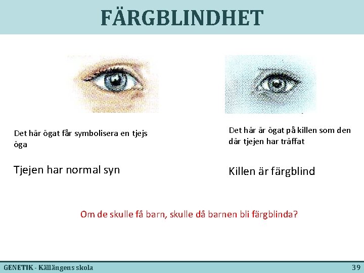 FÄRGBLINDHET Det här ögat får symbolisera en tjejs öga Det här är ögat på