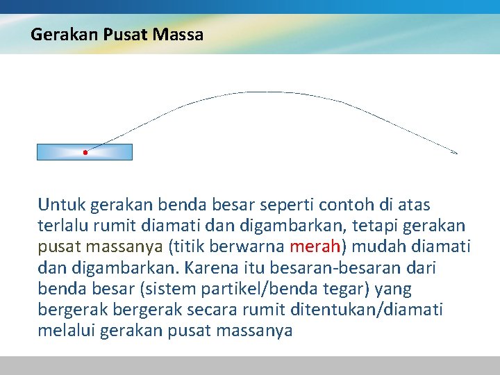 Gerakan Pusat Massa Untuk gerakan benda besar seperti contoh di atas terlalu rumit diamati