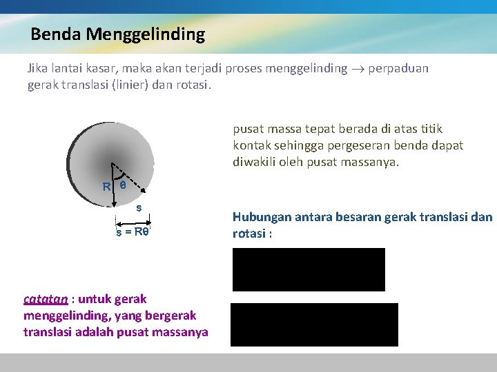 Benda Menggelinding Jika lantai kasar, maka akan terjadi proses menggelinding perpaduan gerak translasi (linier)