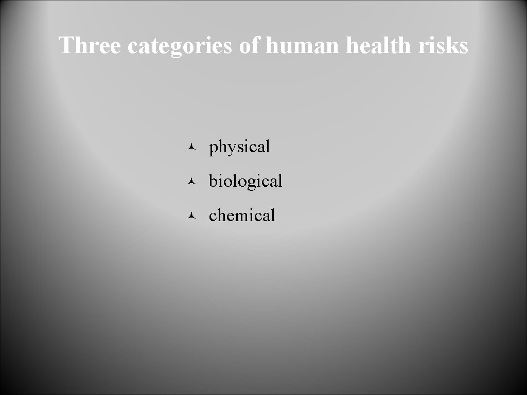 Three categories of human health risks © physical © biological © chemical 