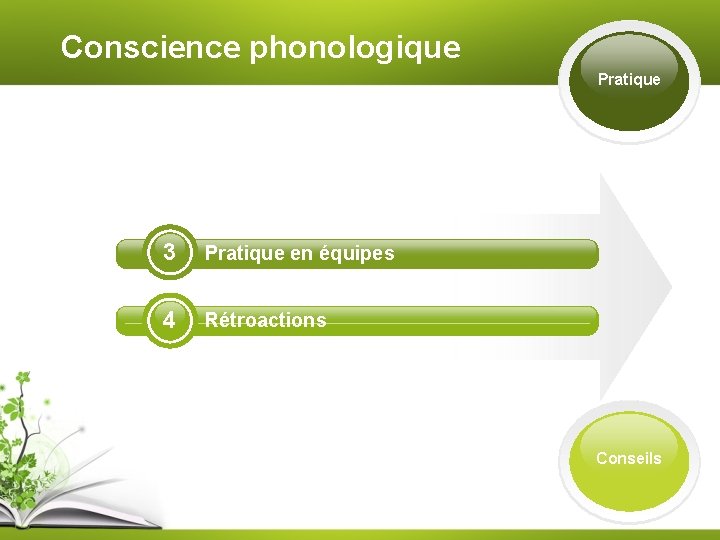 Conscience phonologique Pratique 3 Pratique en équipes 4 Rétroactions Conseils 