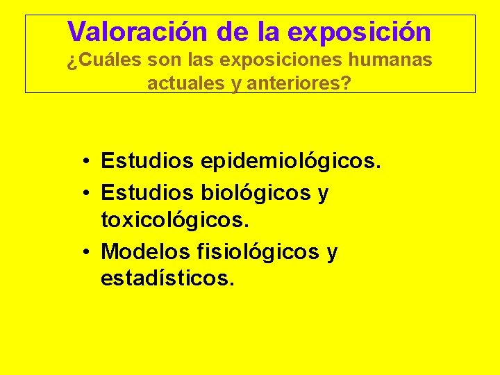 Valoración de la exposición ¿Cuáles son las exposiciones humanas actuales y anteriores? • Estudios