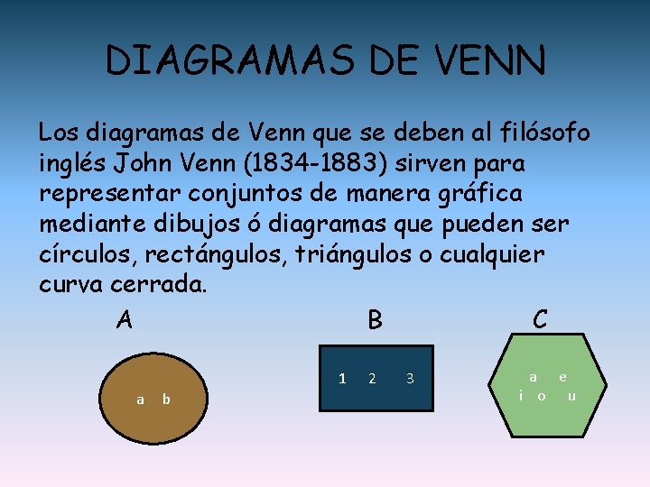 DIAGRAMAS DE VENN Los diagramas de Venn que se deben al filósofo inglés John