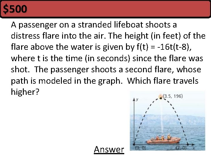 $500 A passenger on a stranded lifeboat shoots a distress flare into the air.