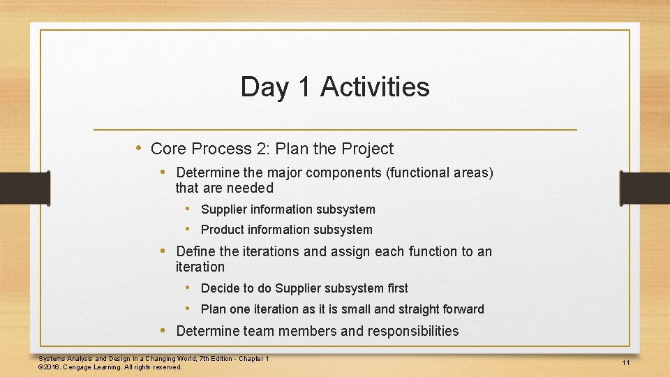 Day 1 Activities • Core Process 2: Plan the Project • Determine the major