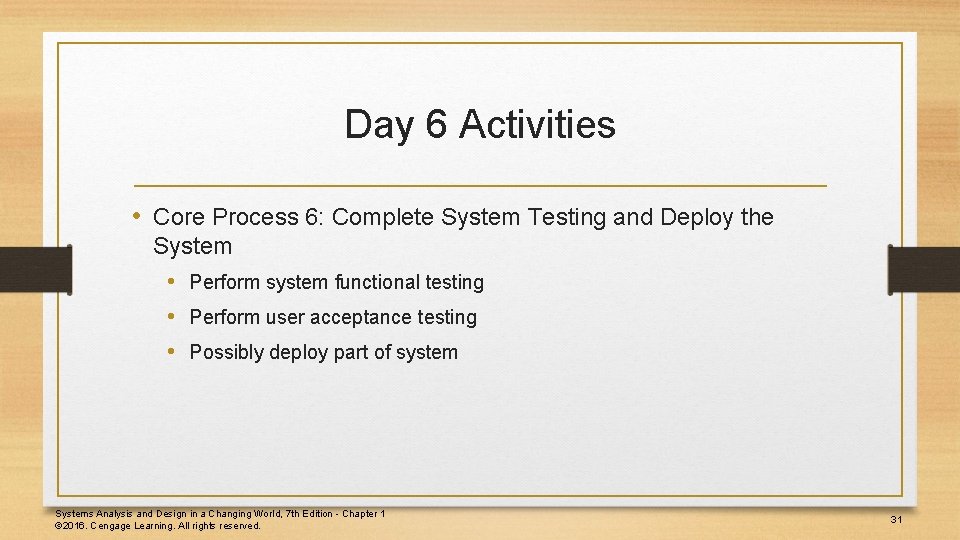 Day 6 Activities • Core Process 6: Complete System Testing and Deploy the System