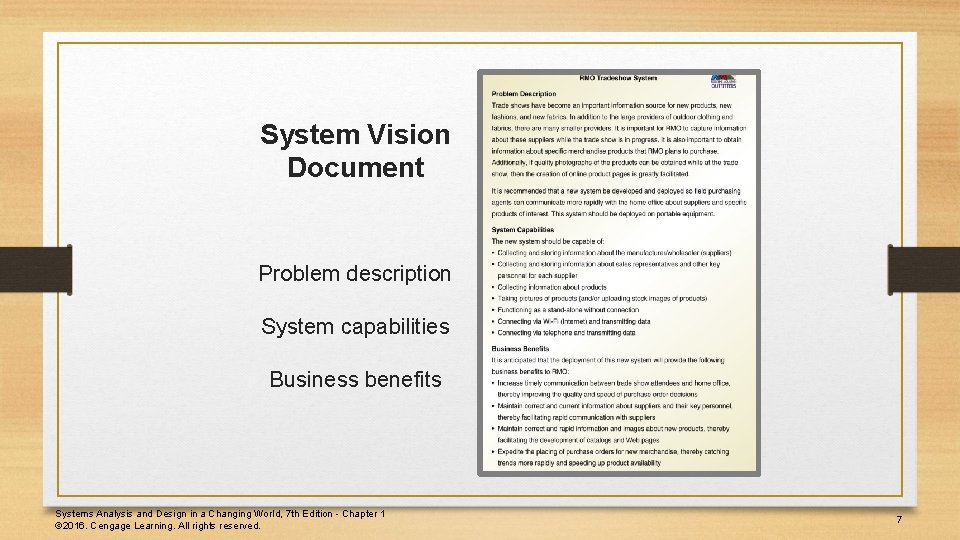 System Vision Document Problem description System capabilities Business benefits Systems Analysis and Design in