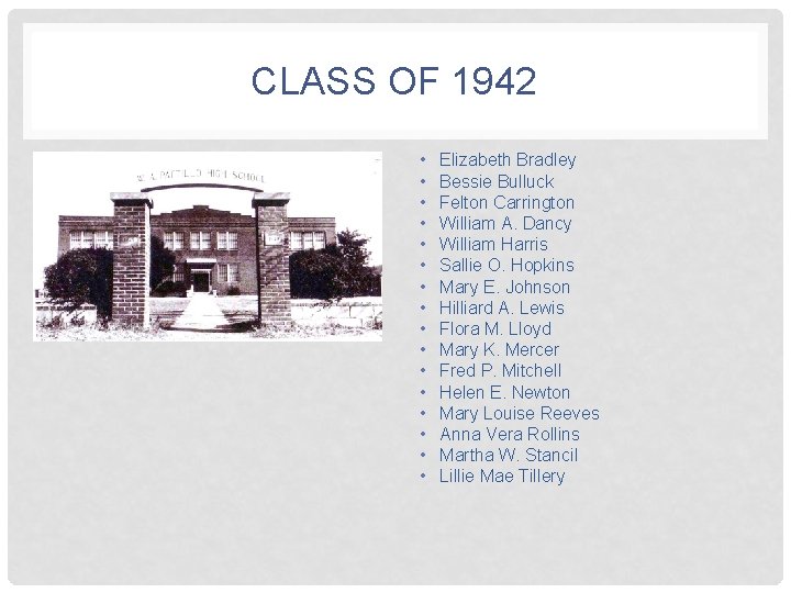 CLASS OF 1942 • • • • Elizabeth Bradley Bessie Bulluck Felton Carrington William