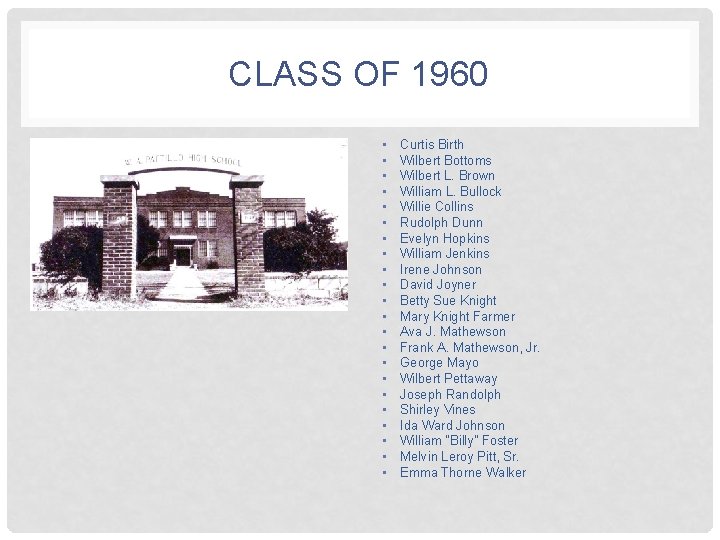 CLASS OF 1960 • • • • • • Curtis Birth Wilbert Bottoms Wilbert