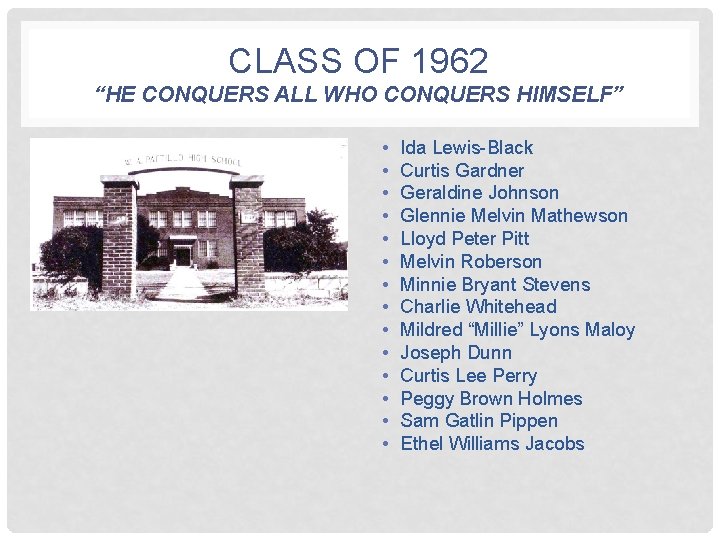 CLASS OF 1962 “HE CONQUERS ALL WHO CONQUERS HIMSELF” • • • • Ida