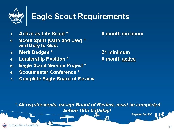 Eagle Scout Requirements 1. 2. 3. 4. 5. 6. 7. Active as Life Scout