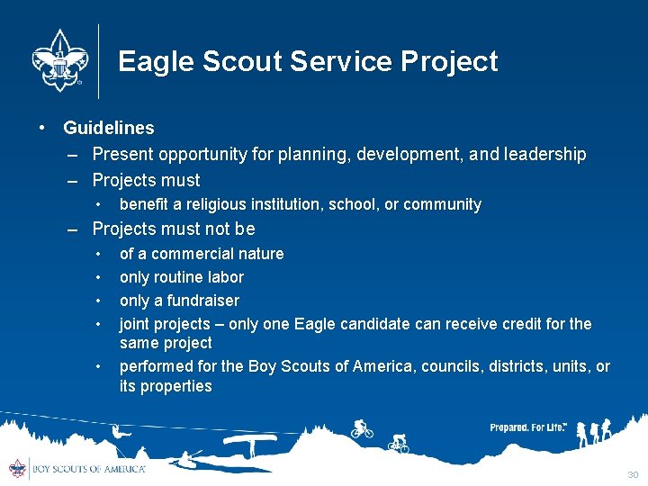 Eagle Scout Service Project • Guidelines – Present opportunity for planning, development, and leadership Eagle Scout Service Project • Guidelines – Present opportunity for planning, development, and leadership