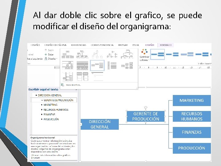 Al dar doble clic sobre el grafico, se puede modificar el diseño del organigrama: