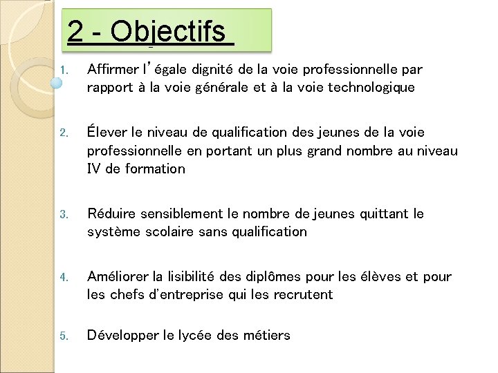 2 - Objectifs 1. Affirmer l’égale dignité de la voie professionnelle par rapport à