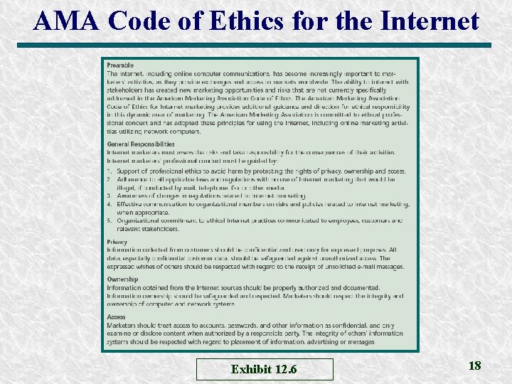 AMA Code of Ethics for the Internet Exhibit 12. 6 18 