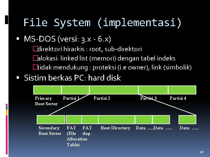 File System (implementasi) MS-DOS (versi: 3. x - 6. x) �direktori hirarkis : root,