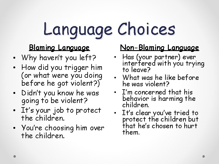 Language Choices • • • Blaming Language Why haven’t you left? How did you