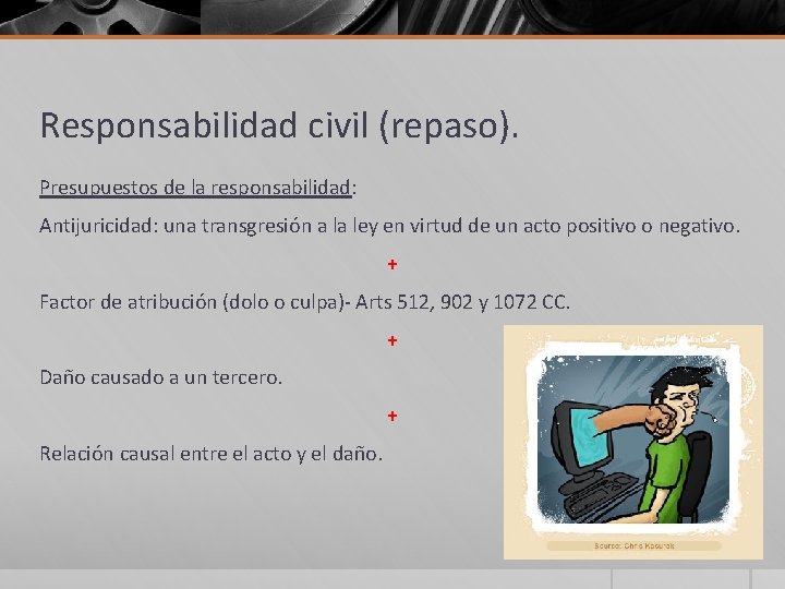 Responsabilidad civil (repaso). Presupuestos de la responsabilidad: Antijuricidad: una transgresión a la ley en Responsabilidad civil (repaso). Presupuestos de la responsabilidad: Antijuricidad: una transgresión a la ley en