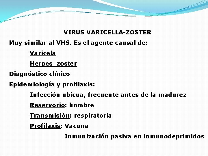 VIRUS VARICELLA-ZOSTER Muy similar al VHS. Es el agente causal de: Varicela Herpes zoster