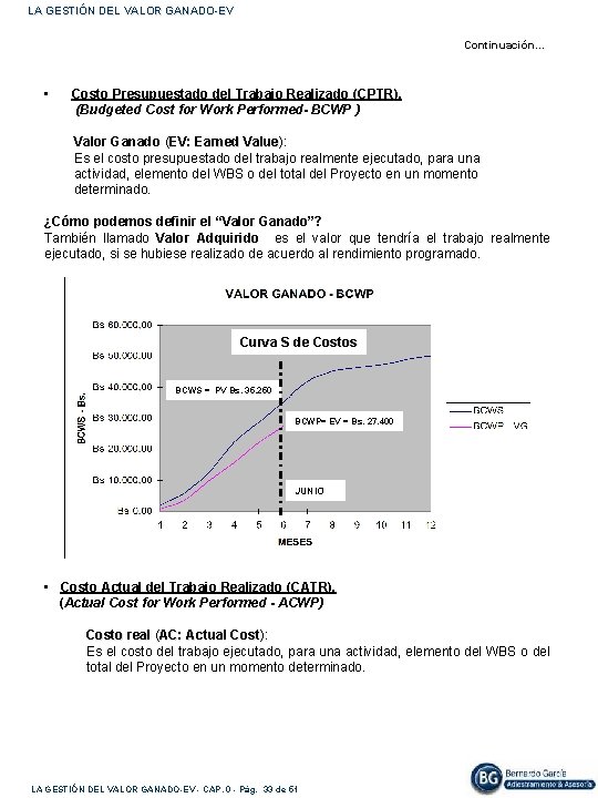 LA GESTIÓN DEL VALOR GANADO-EV Continuación… • Costo Presupuestado del Trabajo Realizado (CPTR). (Budgeted