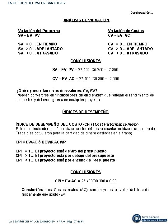 LA GESTIÓN DEL VALOR GANADO-EV Continuación… ANÁLISIS DE VARIACIÓN Variación del Programa SV =