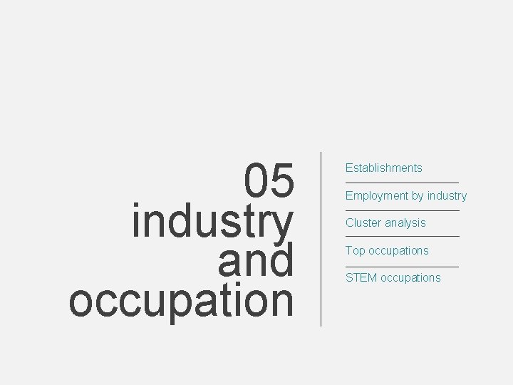 05 industry and occupation Establishments Employment by industry Cluster analysis Top occupations STEM occupations