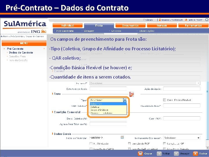 Pré-Contrato – Dados do Contrato Os campos de preenchimento para Frota são: -Tipo (Coletiva,