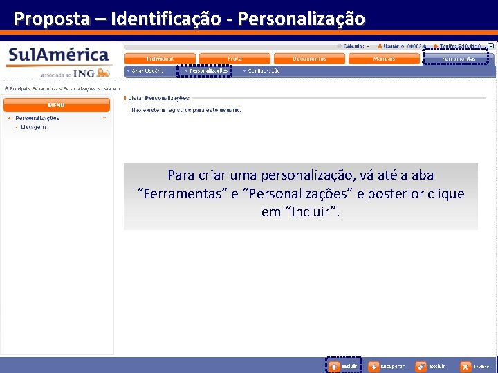 Proposta – Identificação - Personalização Para criar uma personalização, vá até a aba “Ferramentas”