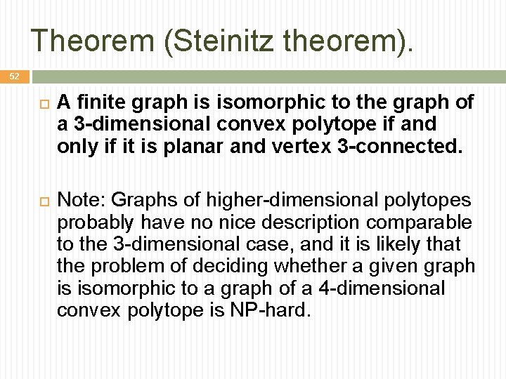 Theorem (Steinitz theorem). 52 A finite graph is isomorphic to the graph of a