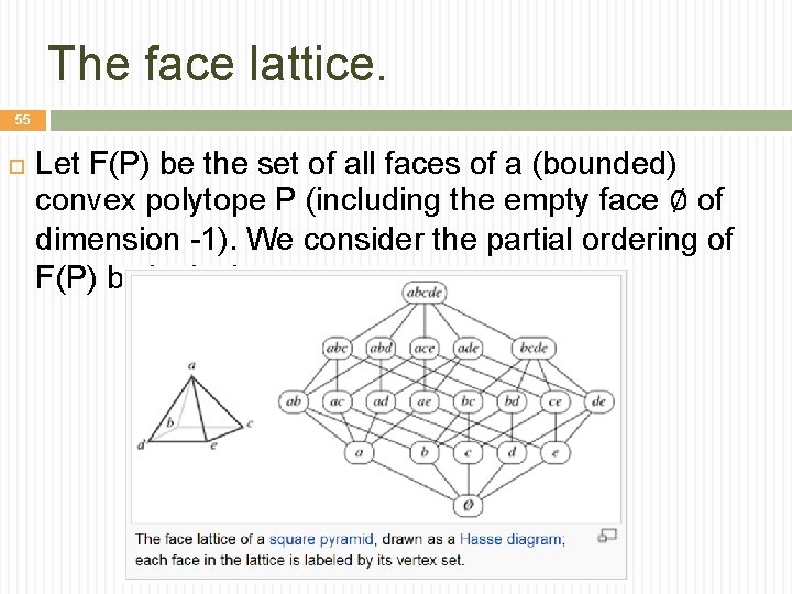 The face lattice. 55 Let F(P) be the set of all faces of a