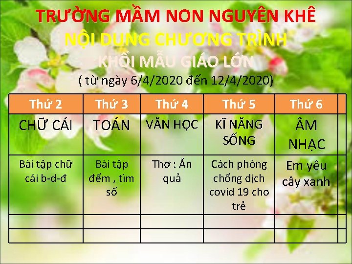 TRƯỜNG MẦM NON NGUYÊN KHÊ NỘI DUNG CHƯƠNG TRÌNH KHỐI MẪU GIÁO LỚN (