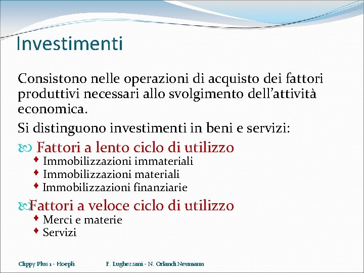 Investimenti Consistono nelle operazioni di acquisto dei fattori produttivi necessari allo svolgimento dell’attività economica.