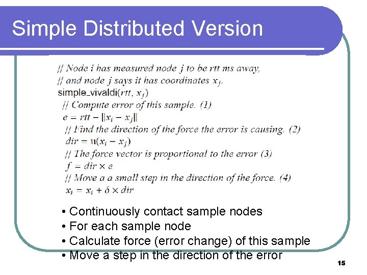 Simple Distributed Version • Continuously contact sample nodes • For each sample node • Simple Distributed Version • Continuously contact sample nodes • For each sample node •
