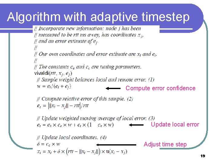 Algorithm with adaptive timestep Compute error confidence Update local error Adjust time step 19 Algorithm with adaptive timestep Compute error confidence Update local error Adjust time step 19