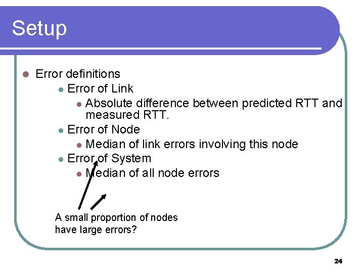 Setup l Error definitions l Error of Link l Absolute difference between predicted RTT Setup l Error definitions l Error of Link l Absolute difference between predicted RTT
