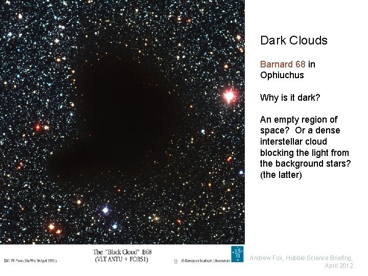 Dark Clouds Barnard 68 in Ophiuchus Why is it dark? An empty region of