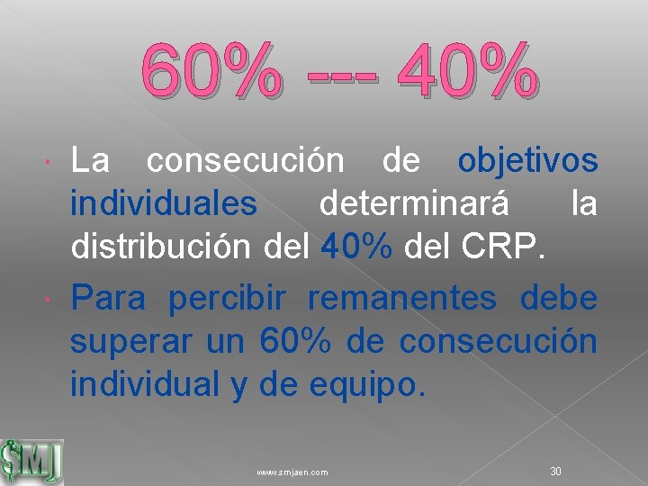 60% --- 40% La consecución de objetivos individuales determinará la distribución del 40% del