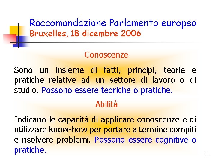 Raccomandazione Parlamento europeo Bruxelles, 18 dicembre 2006 Conoscenze Sono un insieme di fatti, principi,