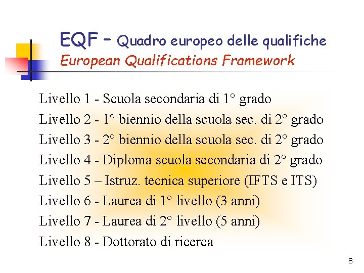 EQF – Quadro europeo delle qualifiche European Qualifications Framework Livello 1 - Scuola secondaria
