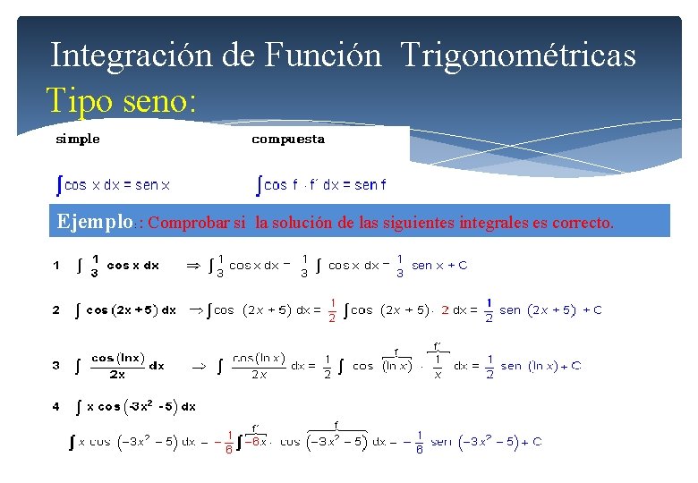 Integración de Función Trigonométricas Tipo seno: Ejemplo : Comprobar si la solución de las