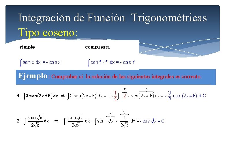 Integración de Función Trigonométricas Tipo coseno: Ejemplo : Comprobar si la solución de las