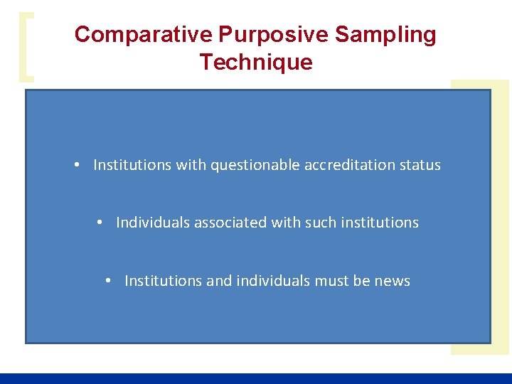 [ Comparative Purposive Sampling Technique • Institutions with questionable accreditation status • Individuals associated