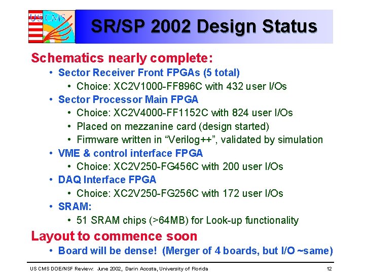 SR/SP 2002 Design Status Schematics nearly complete: • Sector Receiver Front FPGAs (5 total)