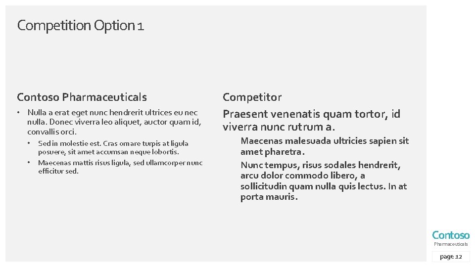 Competition Option 1 Contoso Pharmaceuticals • Nulla a erat eget nunc hendrerit ultrices eu