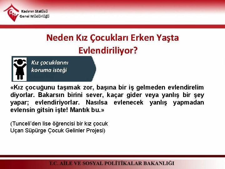 Kadının Statüsü Genel Müdürlüğü Neden Kız Çocukları Erken Yaşta Evlendiriliyor? Kız çocuklarını koruma isteği