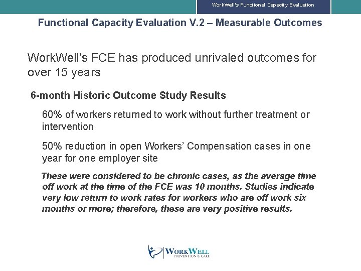 Work. Well’s Functional Capacity Evaluation V. 2 – Measurable Outcomes Work. Well’s FCE has