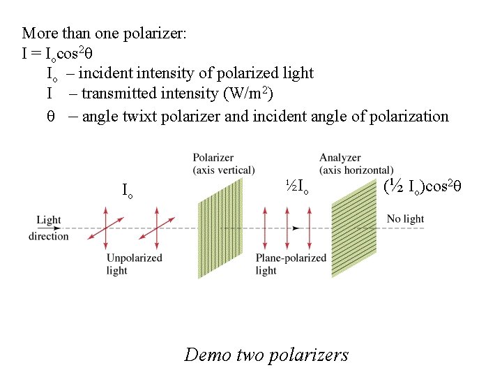 More than one polarizer: I = Iocos 2 Io – incident intensity of polarized