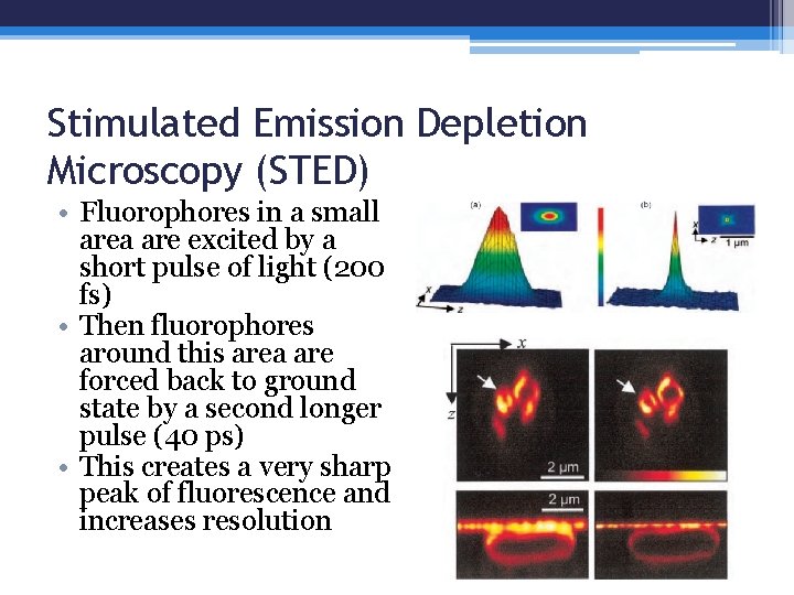 Stimulated Emission Depletion Microscopy (STED) • Fluorophores in a small area are excited by