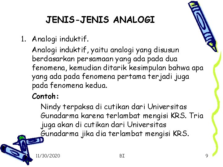 JENIS-JENIS ANALOGI 1. Analogi induktif, yaitu analogi yang disusun berdasarkan persamaan yang ada pada