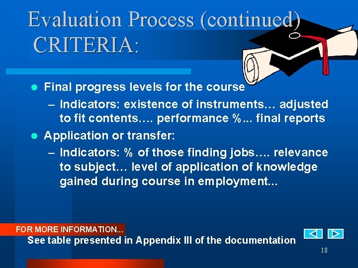 Evaluation Process (continued) CRITERIA: Final progress levels for the course – Indicators: existence of